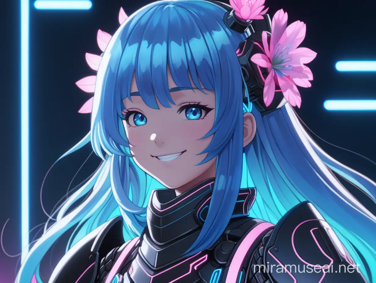 a anime japanese style girl with long blue hair and a pink flower in her hair, smiling with pink cheeks and wearing futuristic black armour with neon blue trim, looking on the front wise, dark background with blue backlit glow
