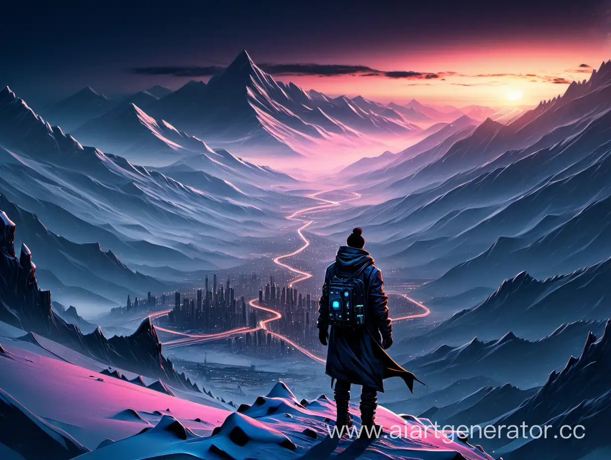Cyberpunk-Traveler-Amidst-Winter-Mountains-at-Dawn