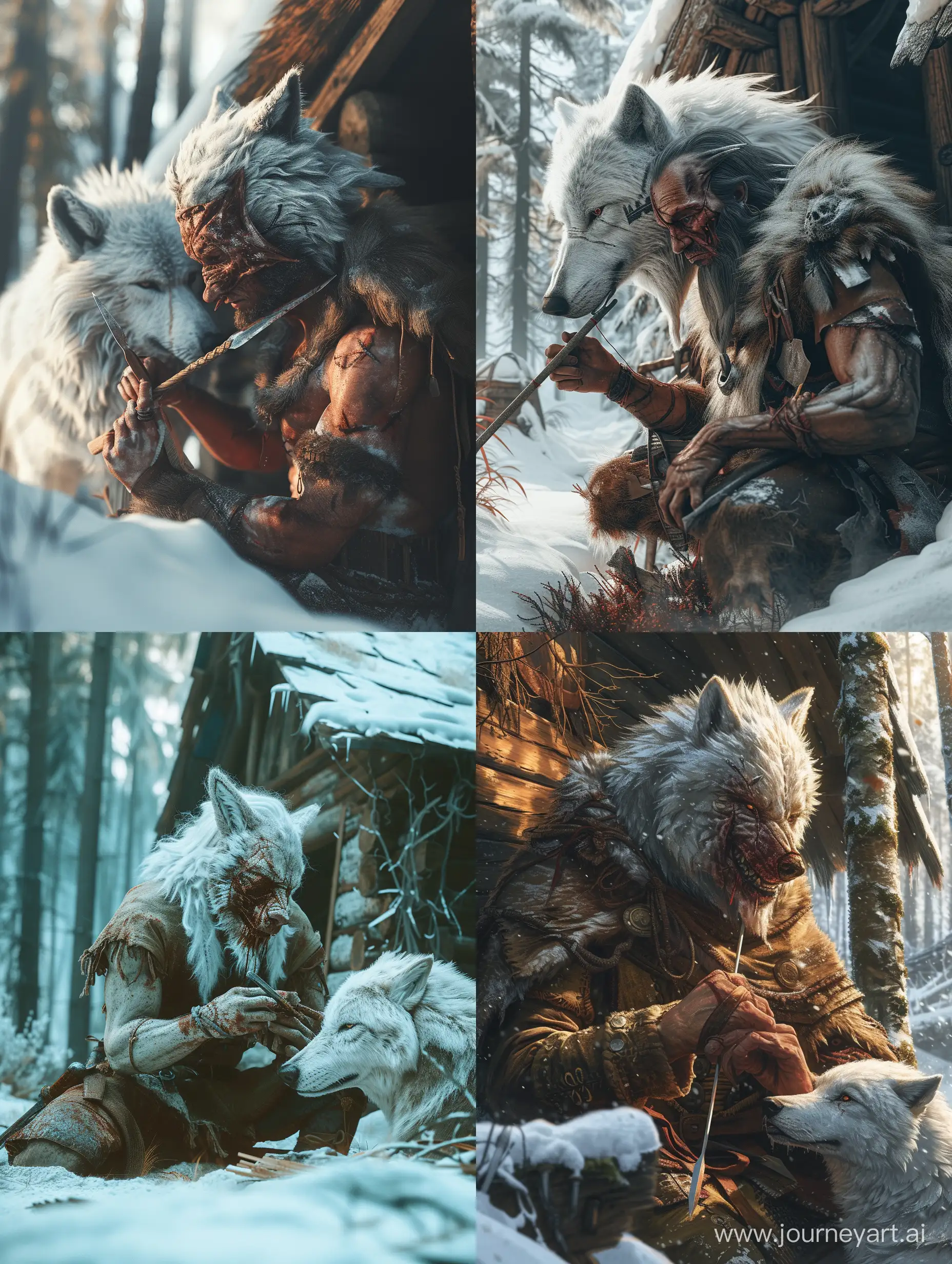 Majestic-White-Wolf-Warrior-Crafting-Spear-in-Snowy-Forest