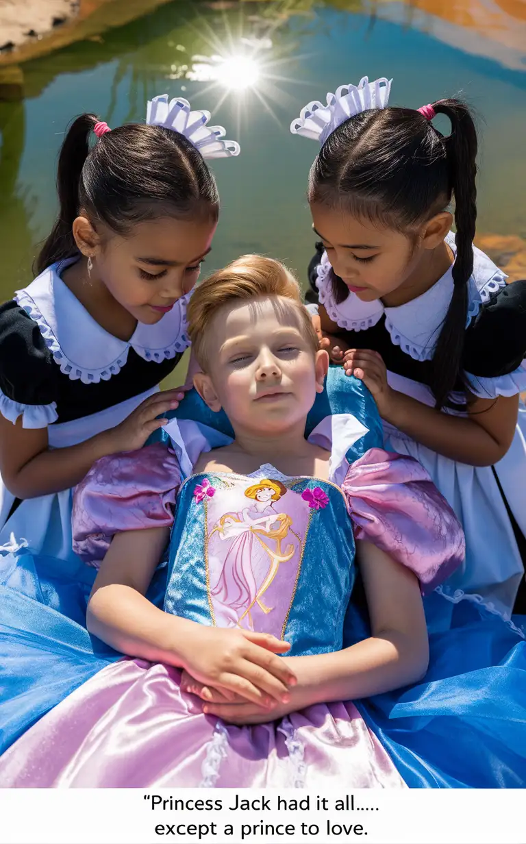 ((Gender role-reversal)), professional photography, Photograph, a little 7-year-old Polish boy with short blonde smart hair, he is resting in a Sleeping Beauty Disney Princess dress on the bank of a Sahara pond, bright sunshine, two little 5-year-old Mexican girls with long hair in ponytails wearing maid dresses are looking after the boy, adorable, perfect faces, perfect faces, clear faces, perfect eyes, perfect noses, smooth skin, add captions: “Princess Jack had it all… except a prince to love…”, clear captions, accurate captions