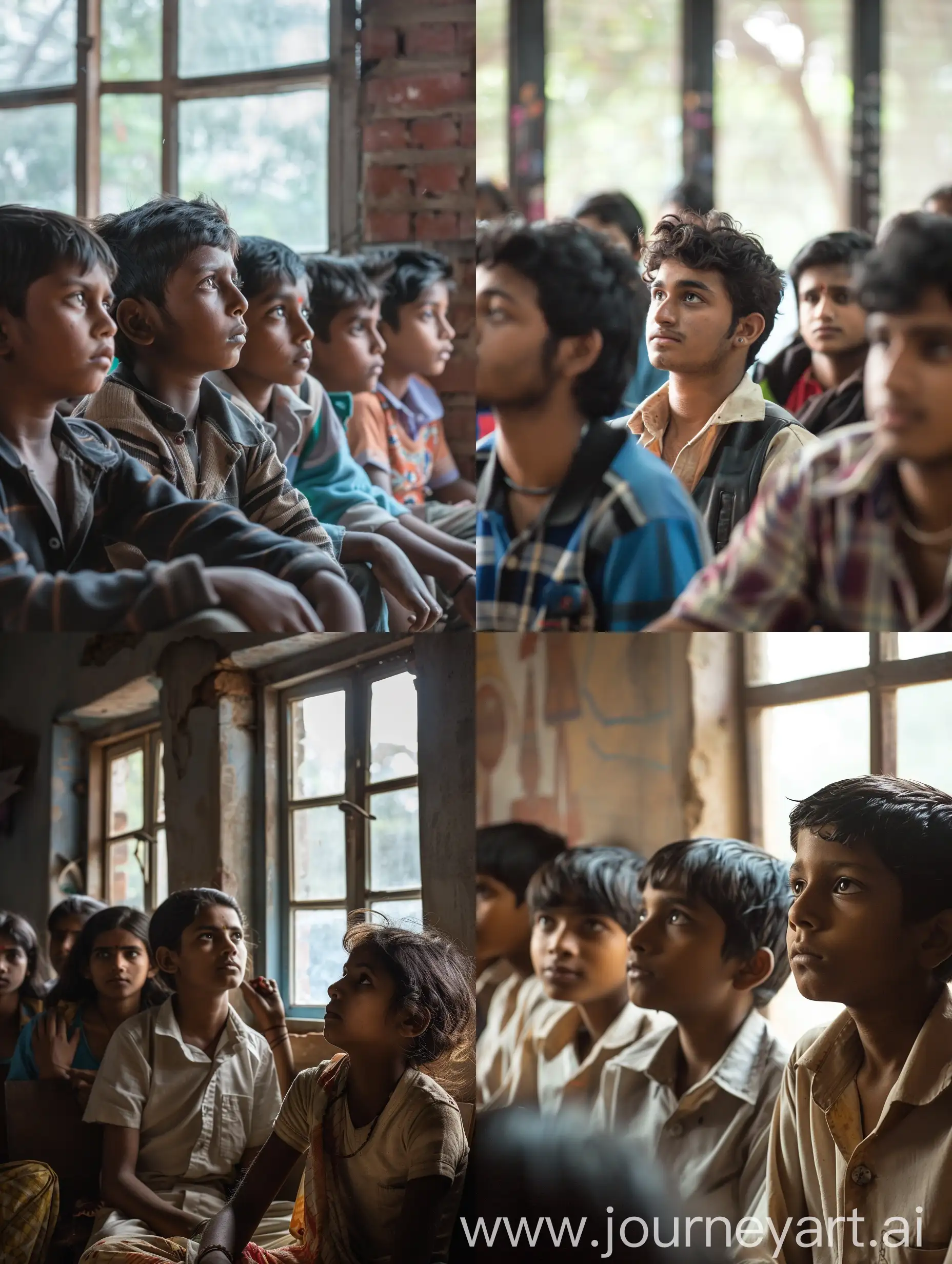 A group of indian students sitting in a classroom, some looking focused, others looking out the window.