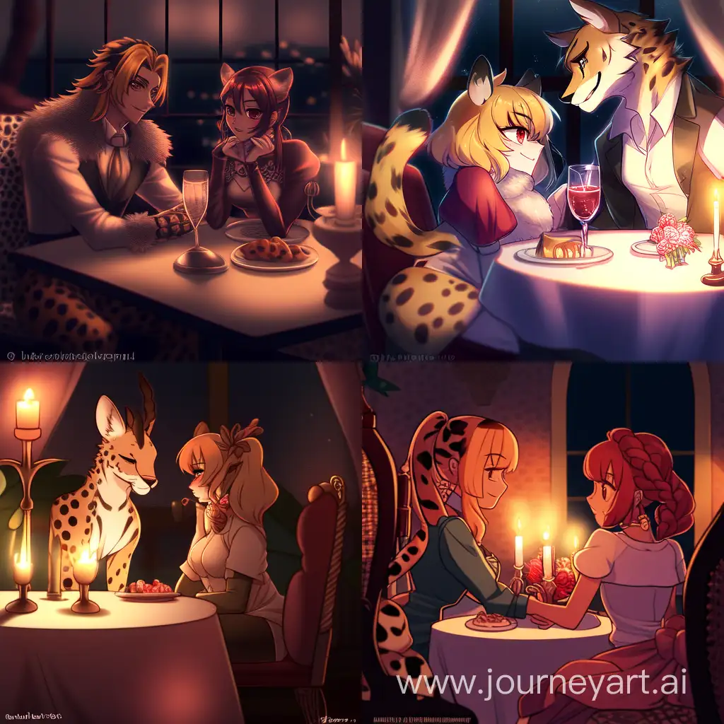 Взрослый гепард, сидит за столом, с девушкой с каштановыми волосами, при свечах, романтический вечер
