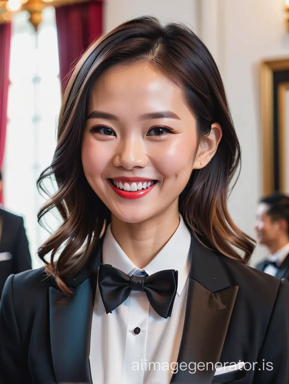 A smiling and laughing Vietnamese woman is wearing a tuxedo.  She has shoulder length hair and is wearing lipstick.
