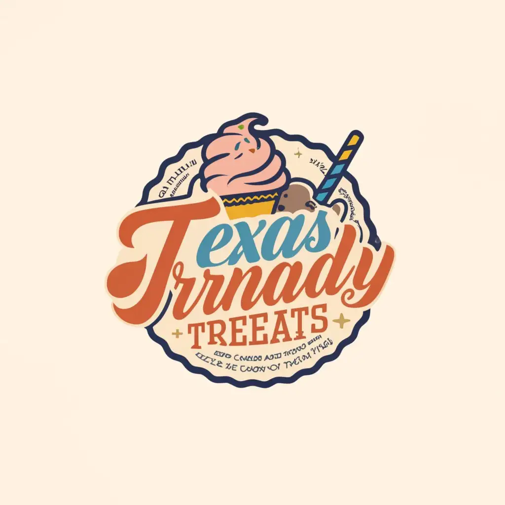 a logo design,with the text "Texas Trendy Treats", main symbol:"""
create Logo called "Texas Trendy Treats". the logo name is "Texas Trendy Treats".  create logo for an ice cream, dessert and treat shop - Texas Trendy Treats,  create a simple one or two color logo that conveys friendliness, fun, and playfulness that also incorporates a subtle Texas theme, The company name is: "Texas Trendy Treats",  The logo must be within a CIRCLE,  The logo must write out the company name legibly, Logo can be 1 or 2 colors, Design Elements that are not required but would be nice to incorporate: Texas theme ( flag or armadillo character ),  icon of an ice cream cone.
""",complex,clear background