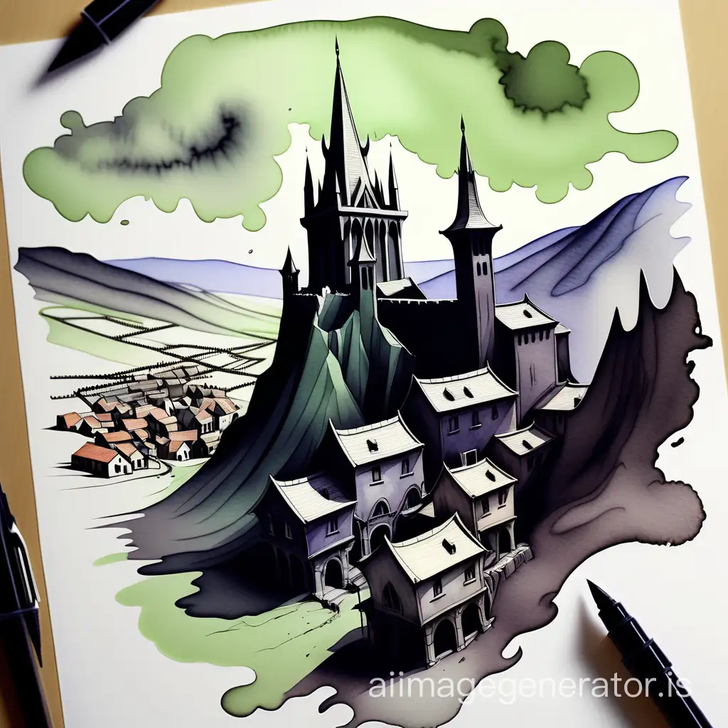 Nazgul over sleeping town in style of Watercolor with ink pen ouline
t