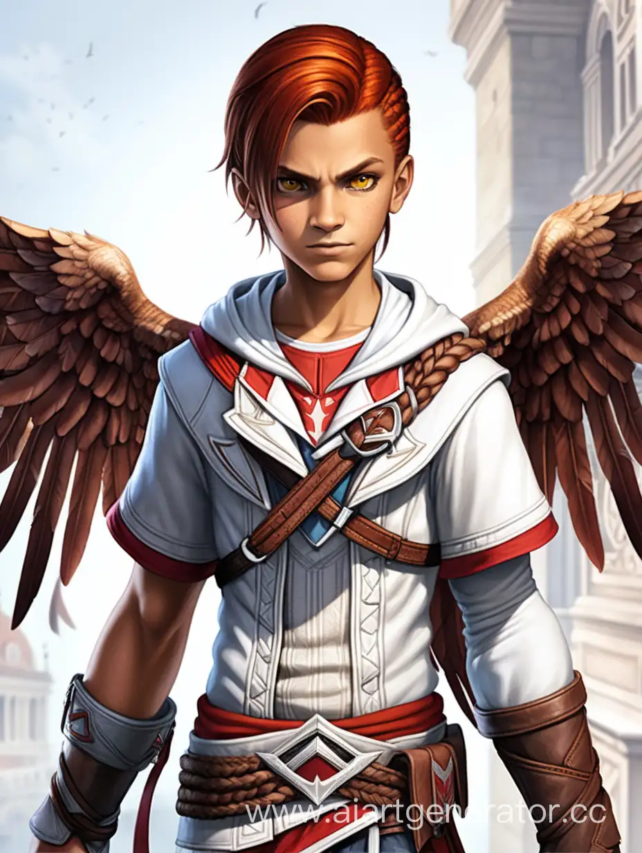 Мальчик лет 11 с жёлтыми глазами, с бардовыми волосами заплетённые в  косу, с чуть загорелой кожей, на спине ангельские крылышки красно-оранжевого цвета, одет в одежду Коннора из линейки игр "Assassins Creed", во весь рост.