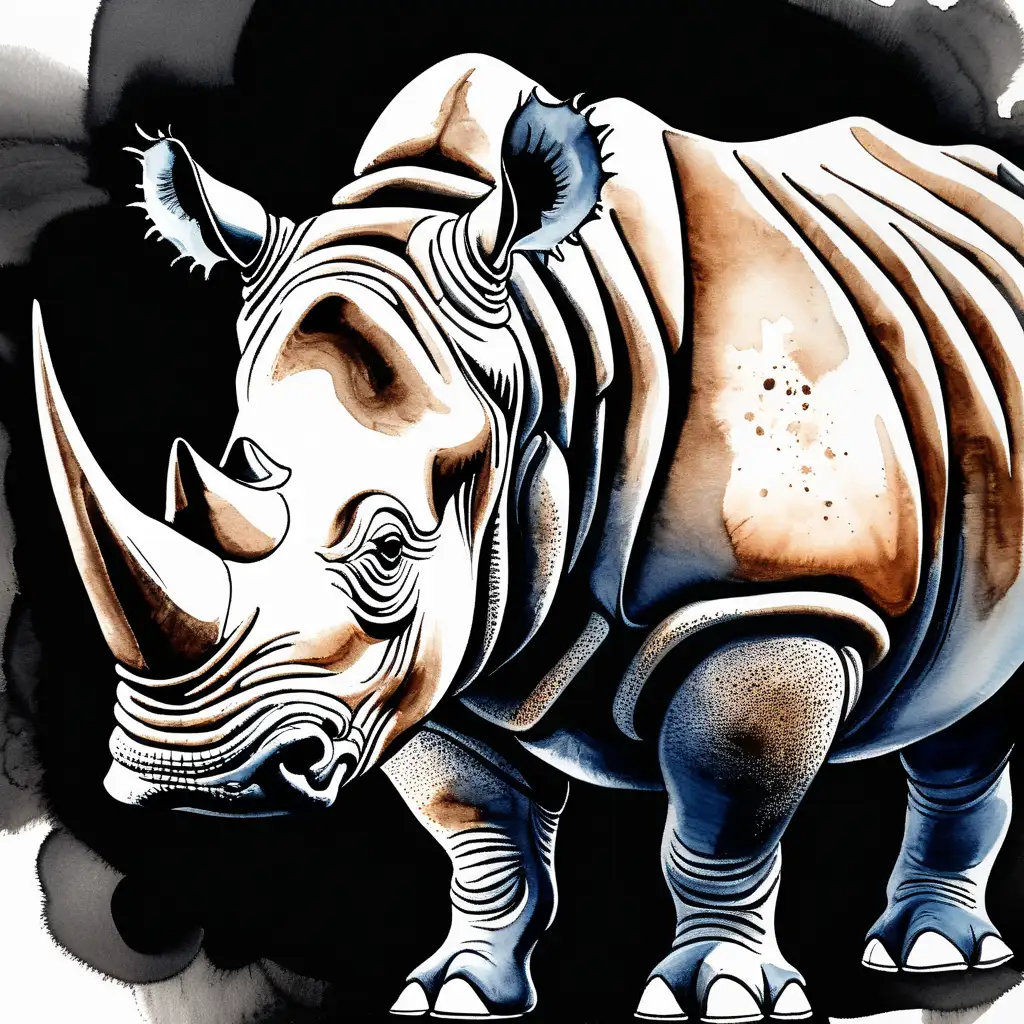 the Rhino, graphic cartoon style, ink drawing and watercolor, black background