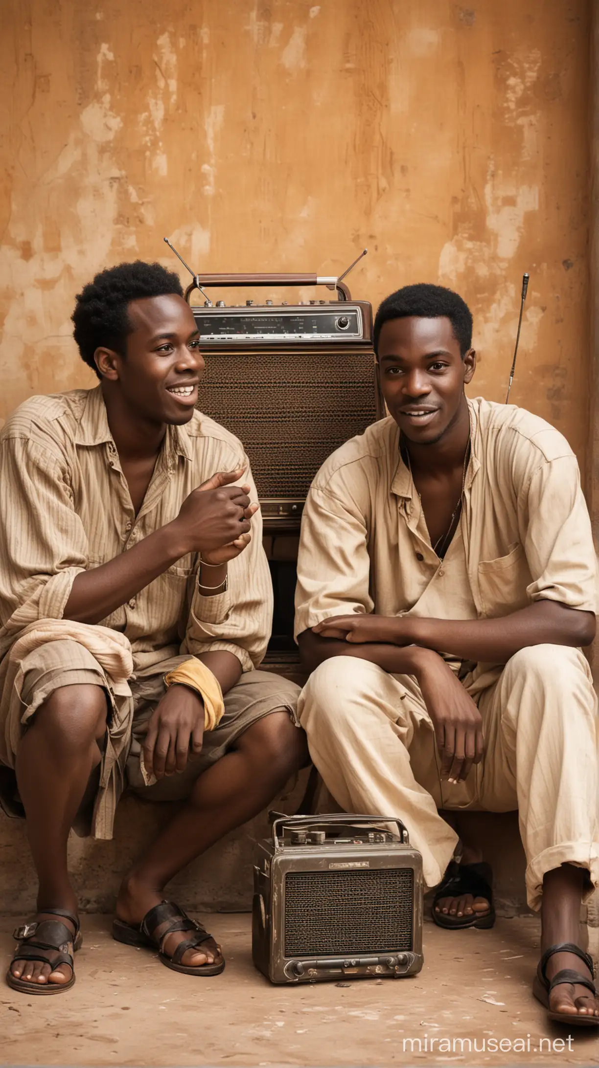 Two black African friends sitting down and listening to big old radio in ancient world 