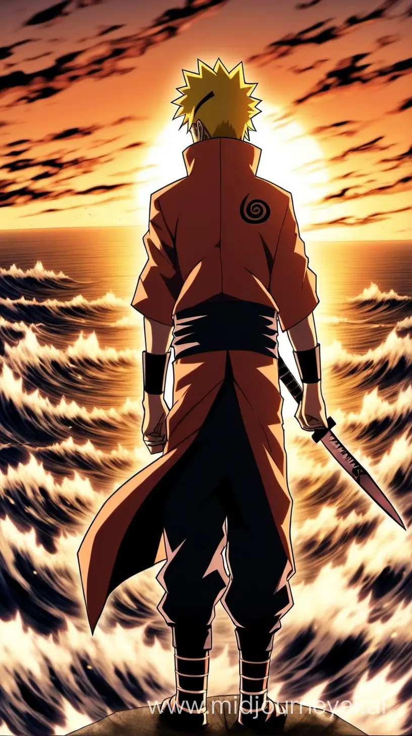 Naruto with kunai in his hand and behind him is the sunset