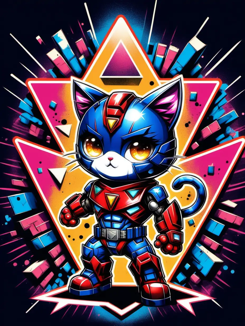 2d poster style, old style poster drawing, high contrast, flat pop art style drawing of a triangle-shaped composition featuring a little naugty cute kitty daredevil, dressed like Optimus Prime, glowing. Anime, chibi style. Big head, small body, big eyes. Cute face. The background is filled with graffiti elements, incorporating vibrant electric colors, various shapes, and dynamic lights. The overall image should be lively, colorful, and reflective of contemporary youth culture, embodying the energetic spirit of pop art. Drawing must be in 2d flat style, popart. 