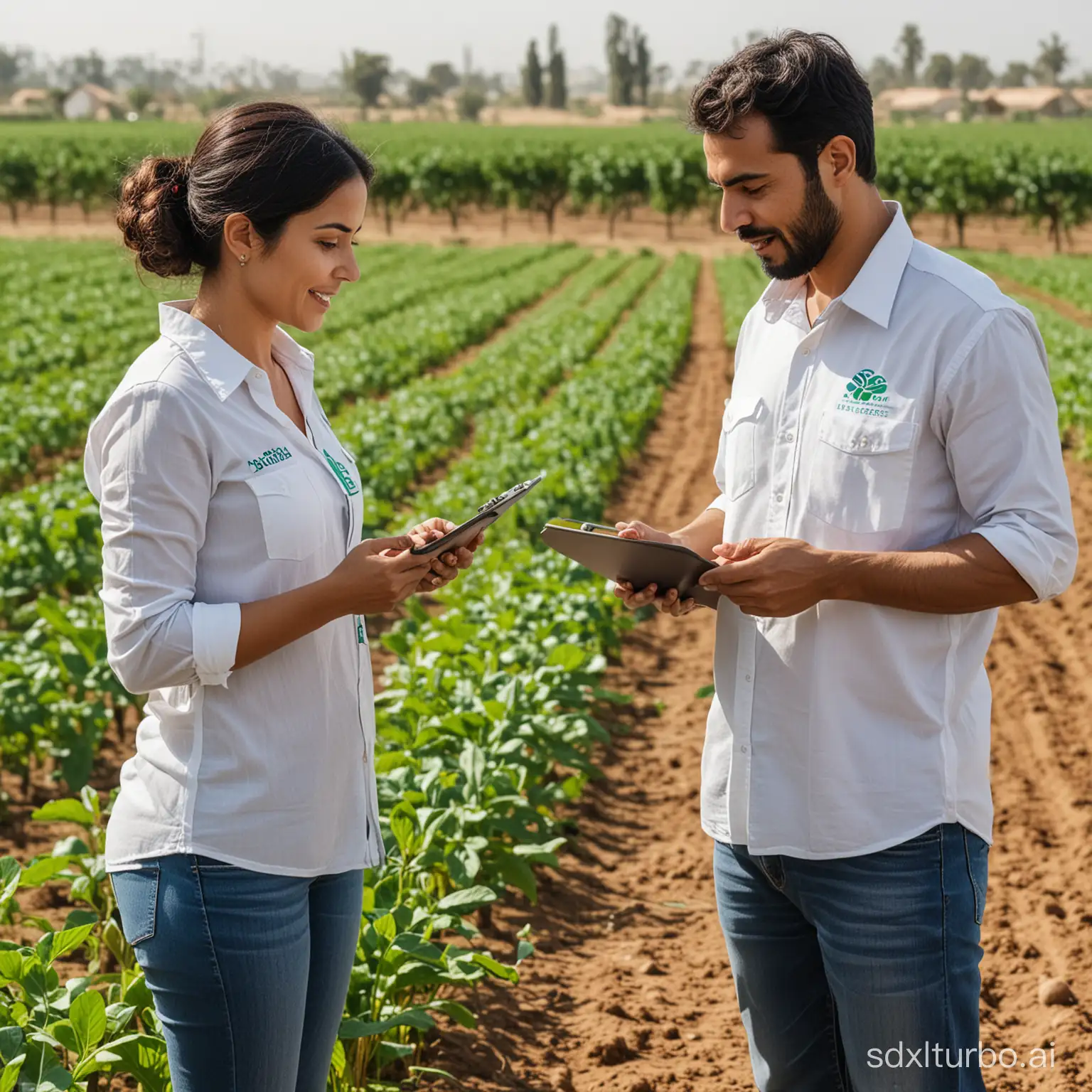 An image depicting a collaborative interaction between two individuals on a vibrant, thriving farm. One person is an agricultural producer, attentively listening and holding a clipboard, while the other, a representative from AZUD, is explaining details and pointing towards the crops. This AZUD representative is wearing a shirt clearly emblazoned with the AZUD logo. They stand in the midst of a lush field equipped with modern irrigation technology, symbolizing a partnership focused on agricultural growth. The scene conveys the philosophy 'Crecer haciendo Crecer' (Grow by Making Grow), highlighting a mutual commitment to enhancing productivity and sustainability