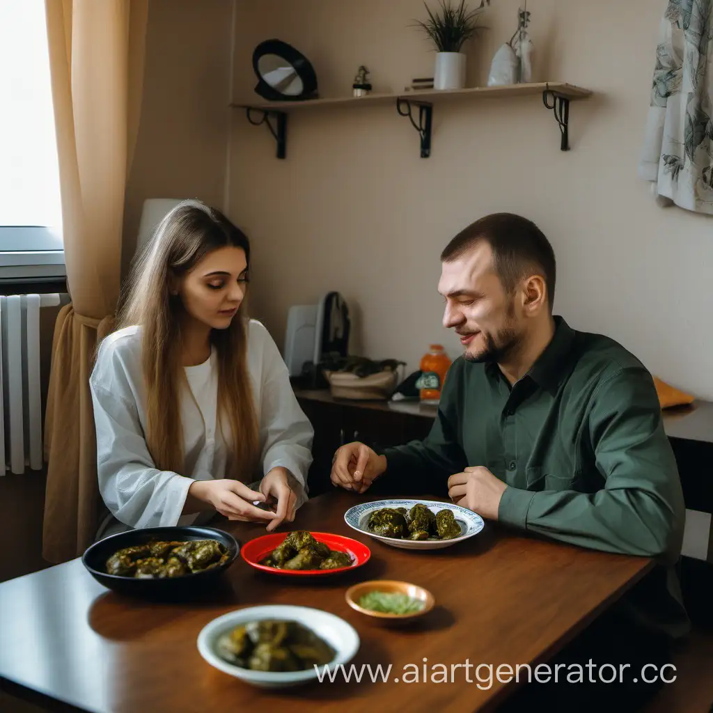 Русский мужчина и кавказская девушка сидят за столом в квартире, на котором стоит тарелка с долмой