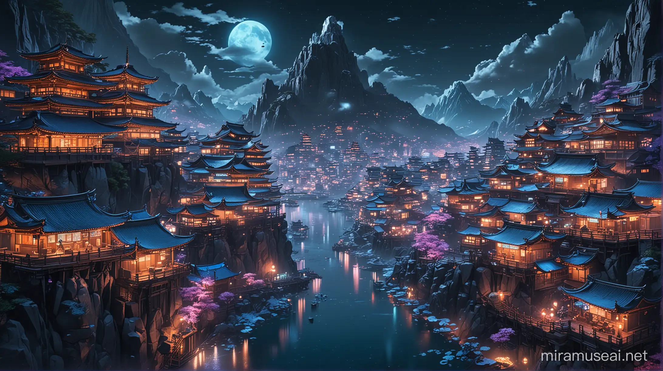 a beautiful thematic landscape of a magical ancient japanese themed kingdom in the cyberpunk village with multicolor lights hidden in an ocean style mountain range mixed with water and buildings made with water flow in the architexture blue roofs, multicolor scifi lights cyberpunk animals patroling flying and swimming desolation floating ice rocks beautiful hd

