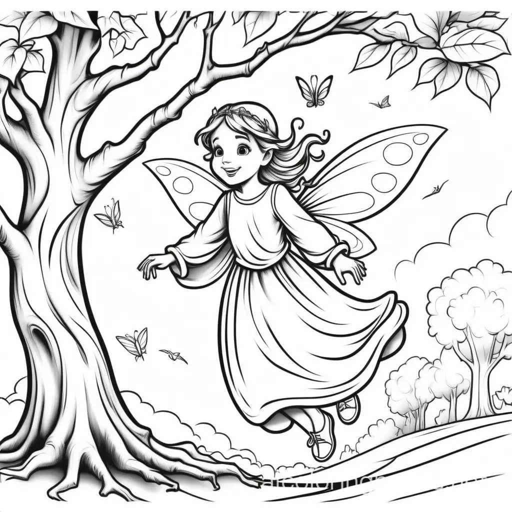 Happy-Fairy-Girl-Flying-in-Tree-Coloring-Page-with-Simple-Black-and-White-Design