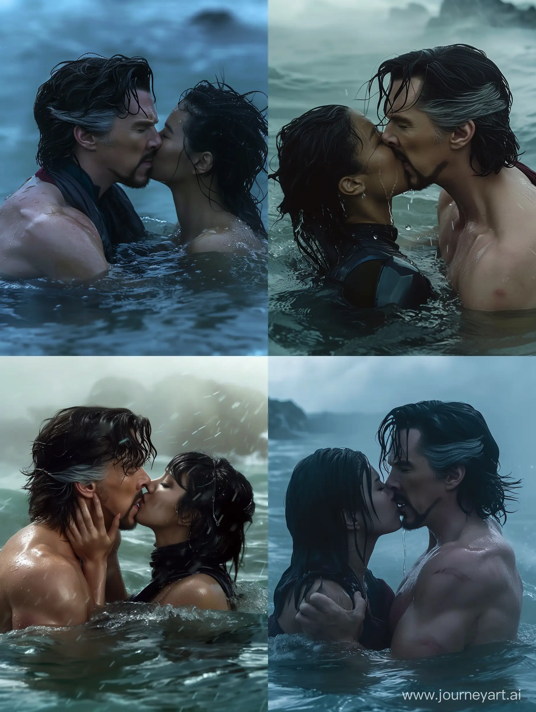 Doctor Strange with shoulder-length hair, shirtless, wet, kissing a woman with black hair, in the ocean