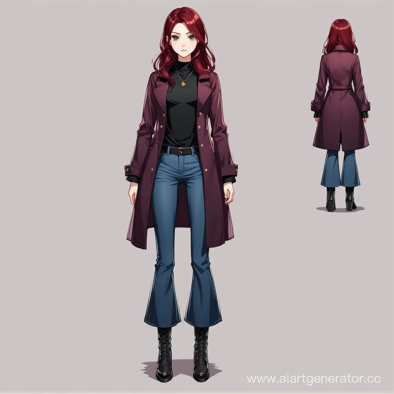 A girl with dark red hair of medium length, she has dark green natural eyes and is wearing a black polo shirt, a long purple coat, wide bell-bottom jeans and black boots, she stands tall, original character design, detailed design, character.