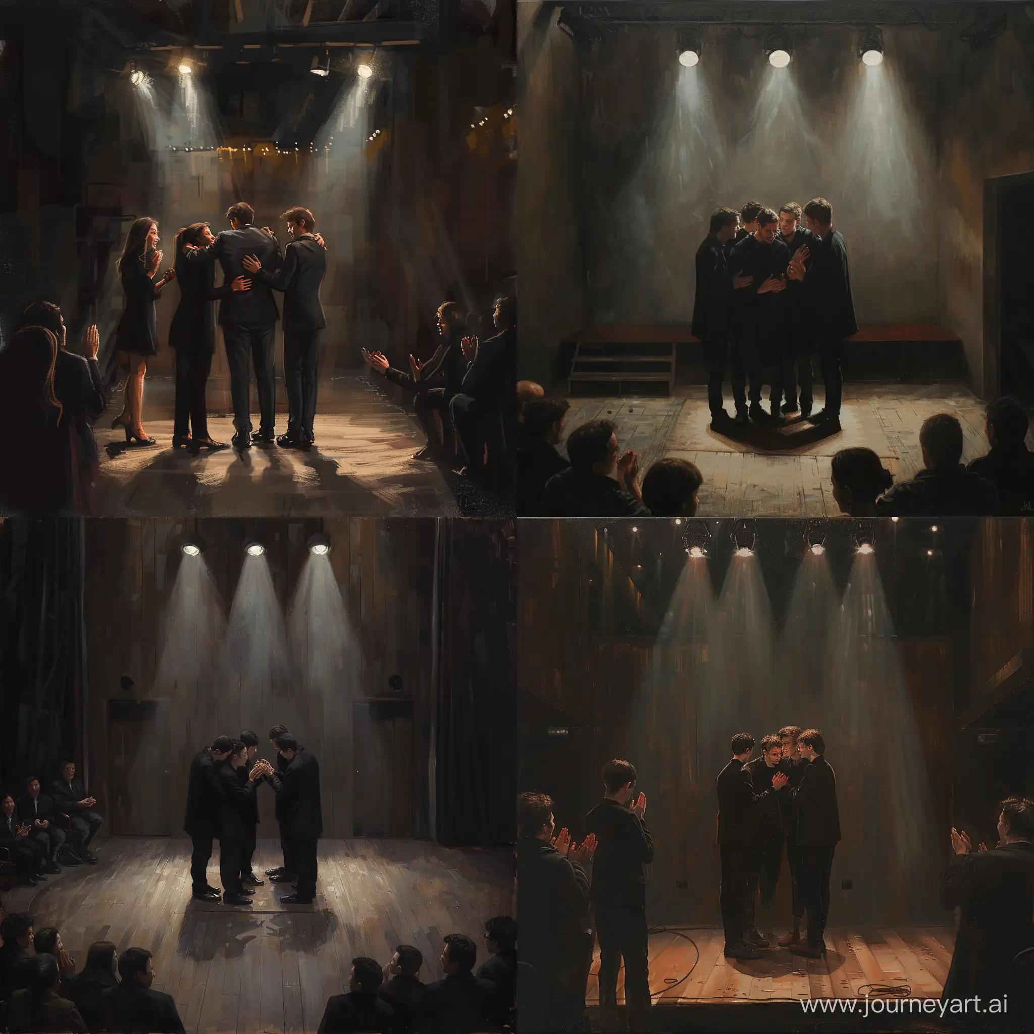 Stage-Performance-Four-People-in-Black-Amidst-Spotlight-Applause