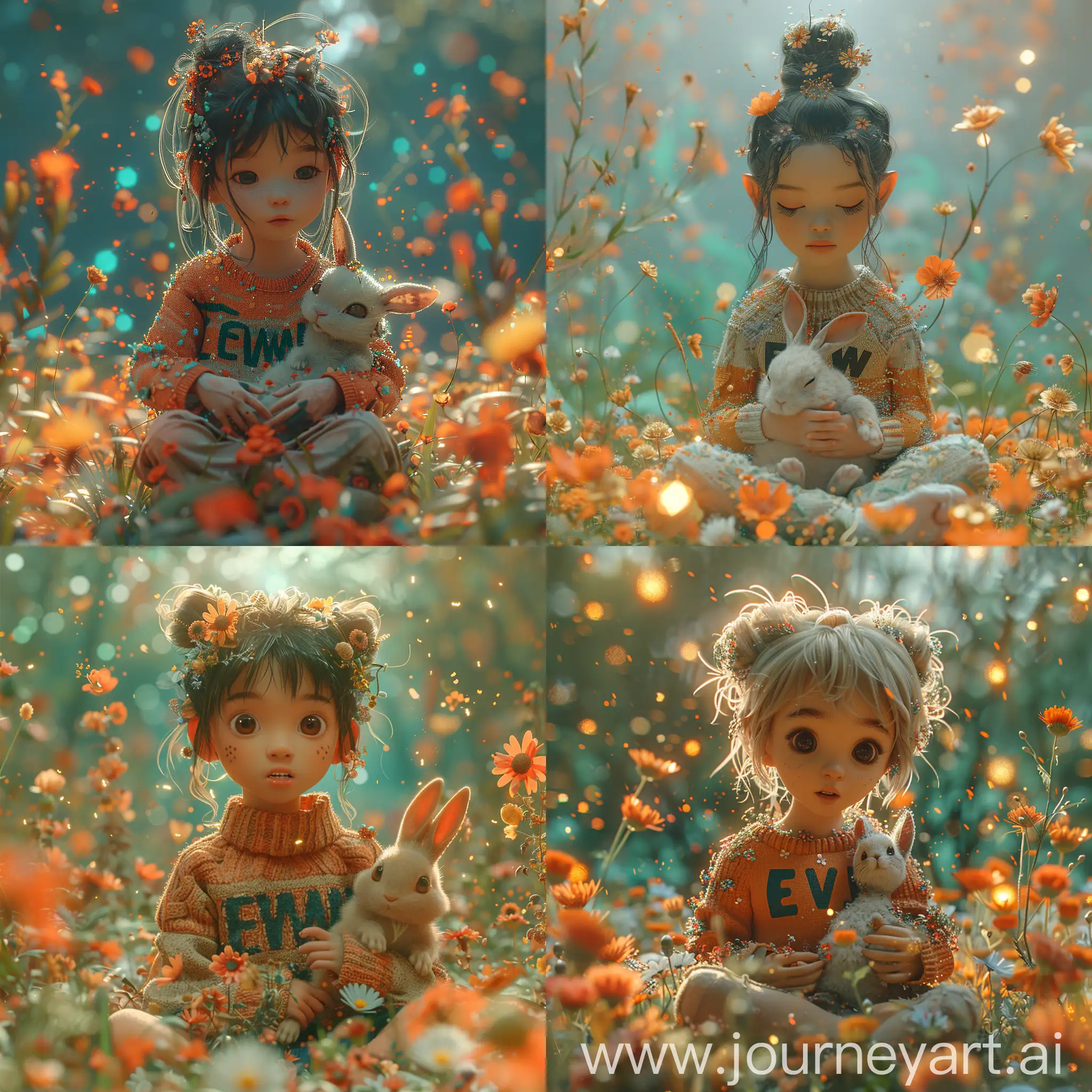Prompt/Imagine  a cute 3d fantasy character , a girl with a sweater with the insription "EWW", sits in a flowerfield and holds a cute bunny in her arms,  surrounded by particles, against an ultra-realistic background with high details and surreal elements.  beautiful light, orange and teal, --stylize 700 --style raw --v 6