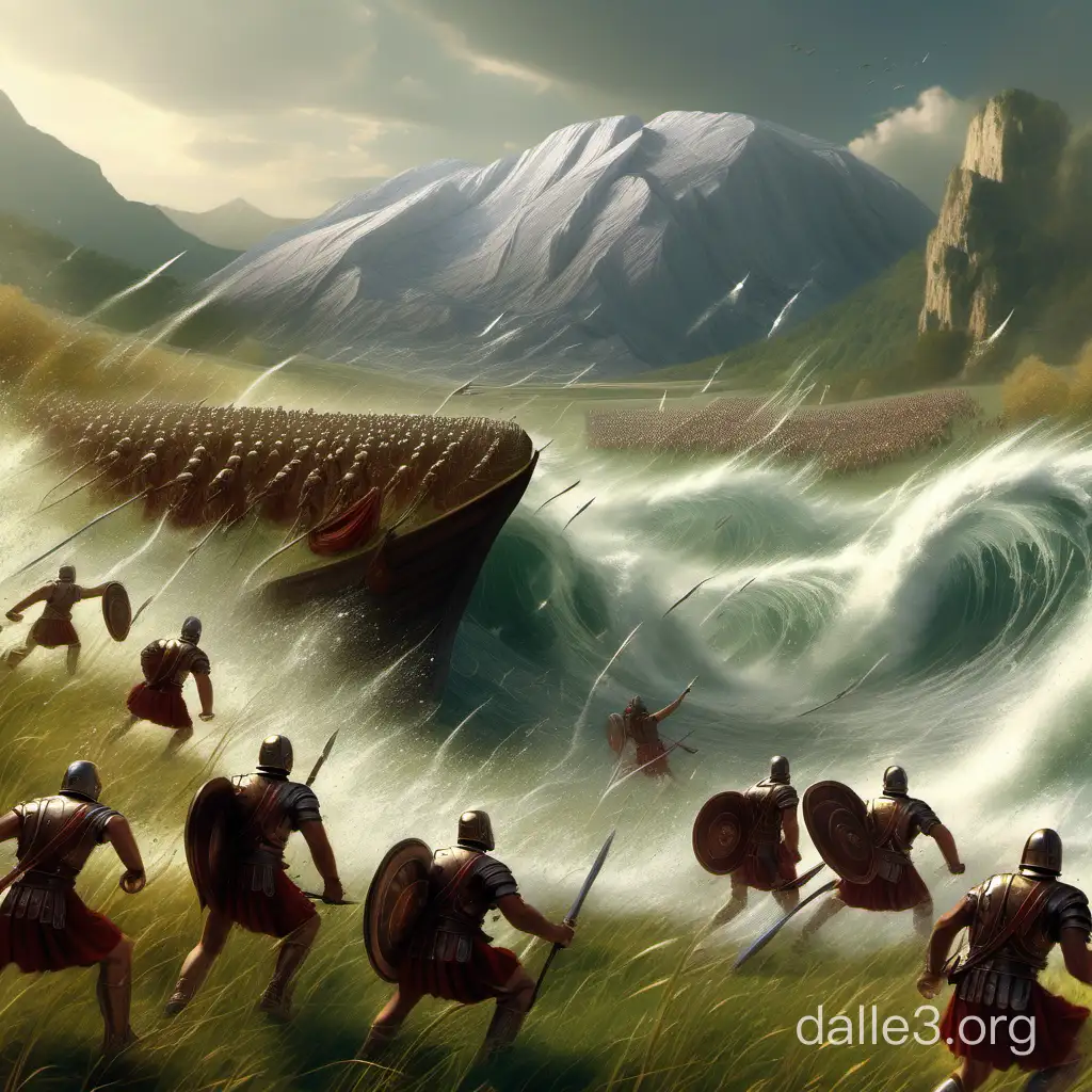 Dans une prairie entourée de montagnes, des légionnaires romains fuient une gigantesque vague 