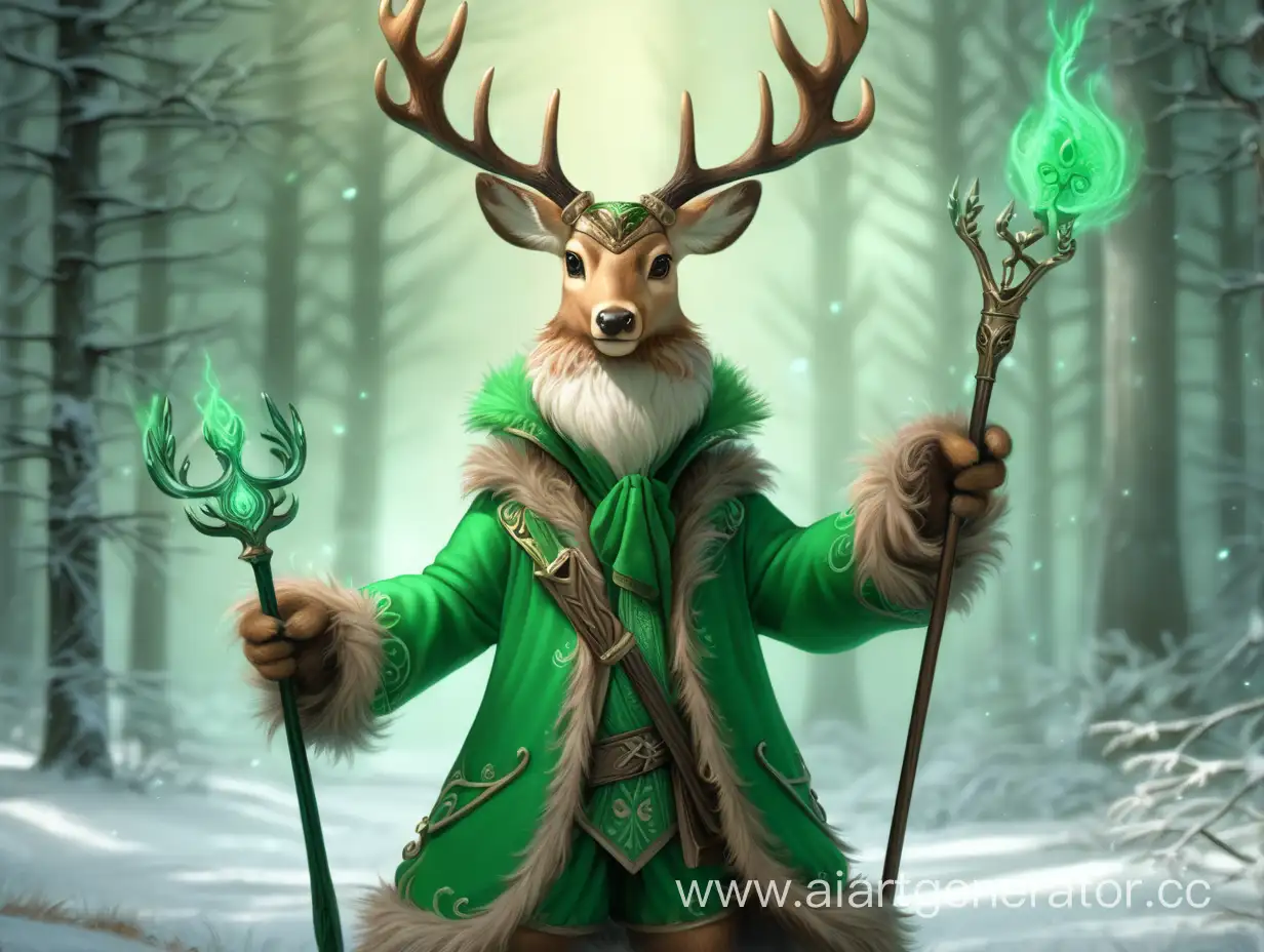 зелёный furry олень стоит с посохом обладая магией
