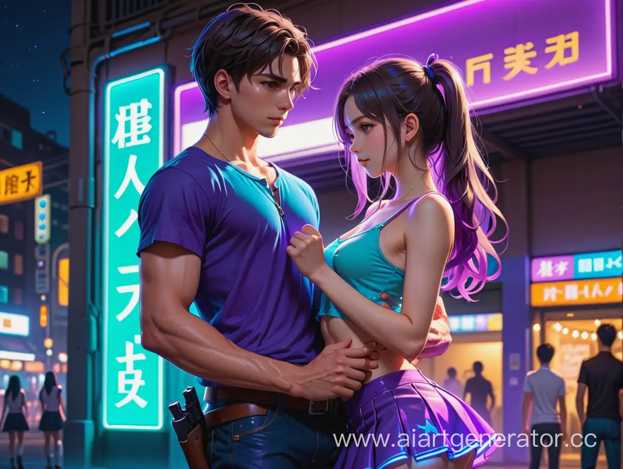 Neon-Anime-Lovers-Embracing-with-Pistol