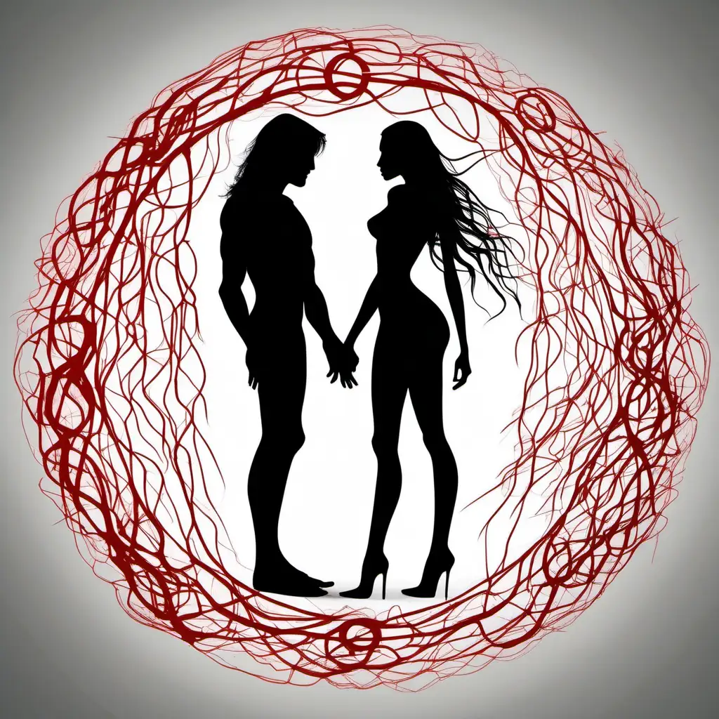Enigmatic Circle of Runes Passionate Flirtation Amidst Silhouettes of LongHaired Couples
