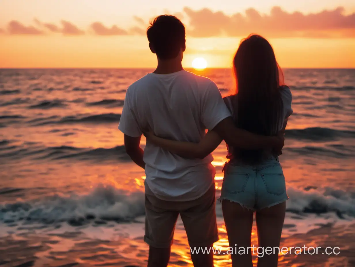 Парень с девушкой стоят на берегу океана и любуются закатом стоят спиной и парень обнимает девушку