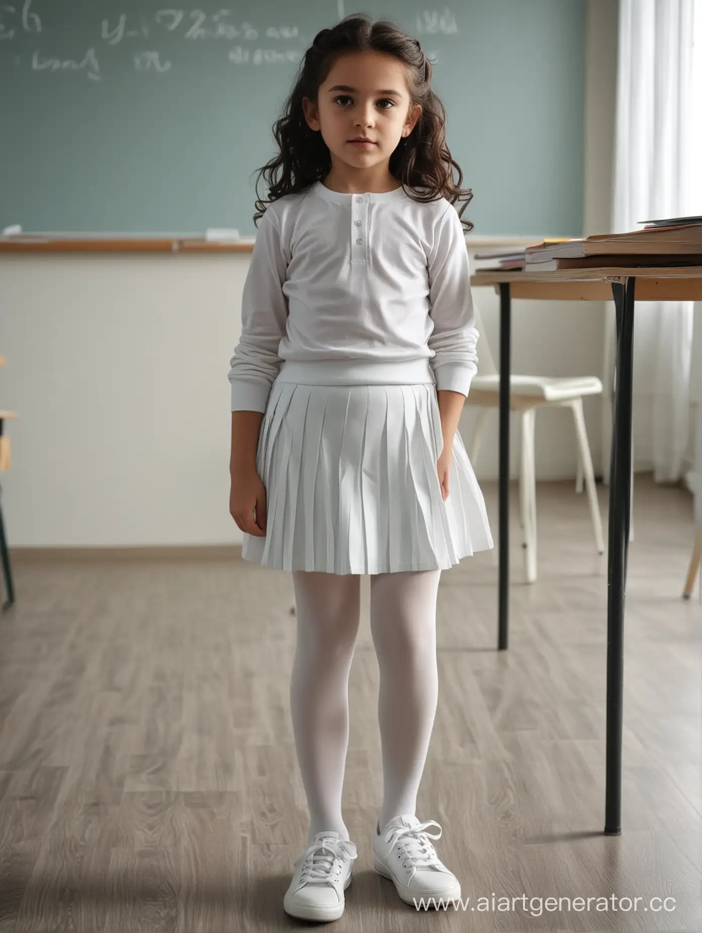A little girl, 10 years old, in classroom, pleated skirt, white opaque tights, sport shoes, dark hair, turkish, 8k sharp, soft light, very close shot