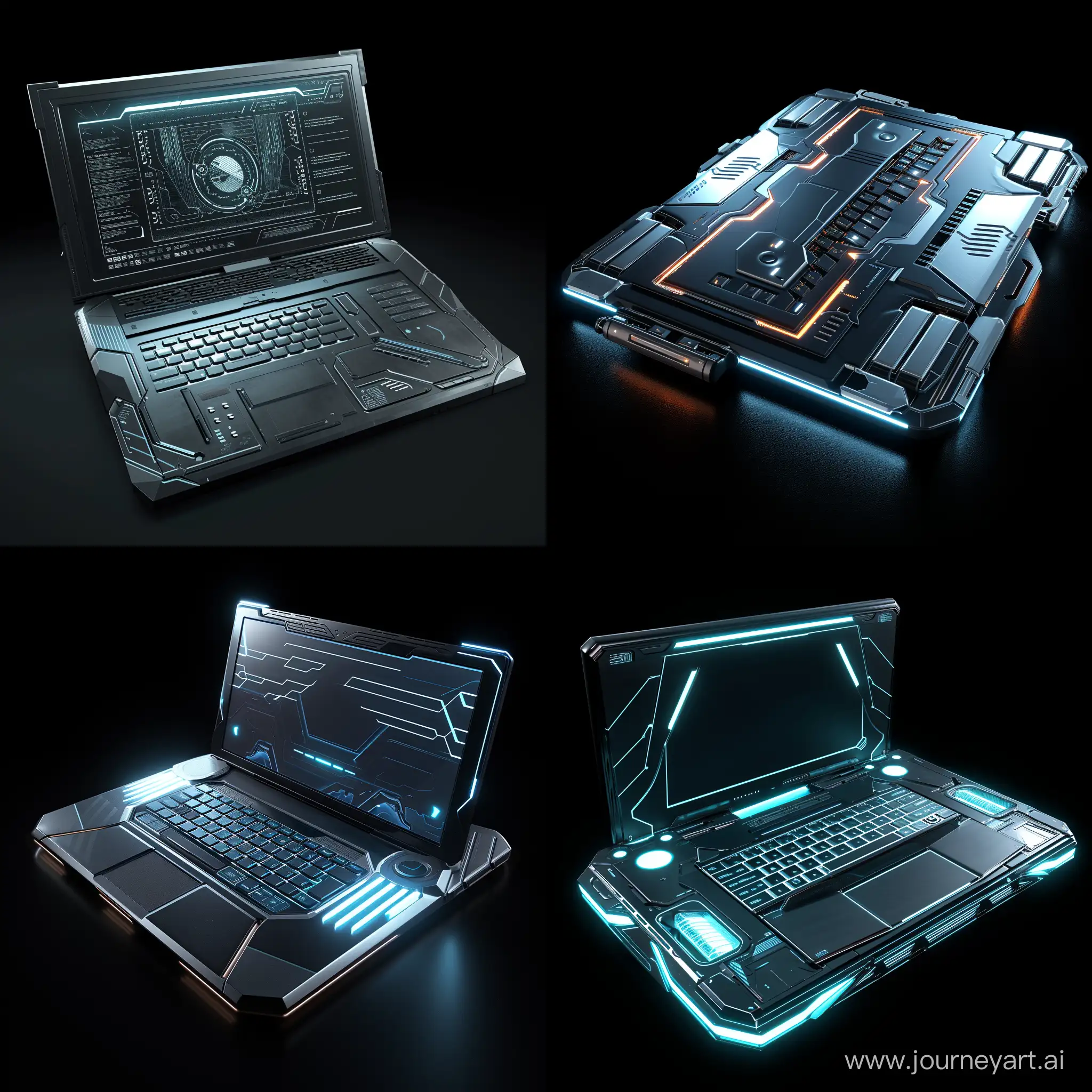Futuristic laptop, futuristic built-in accessories, in cinematic style, in realistic style
