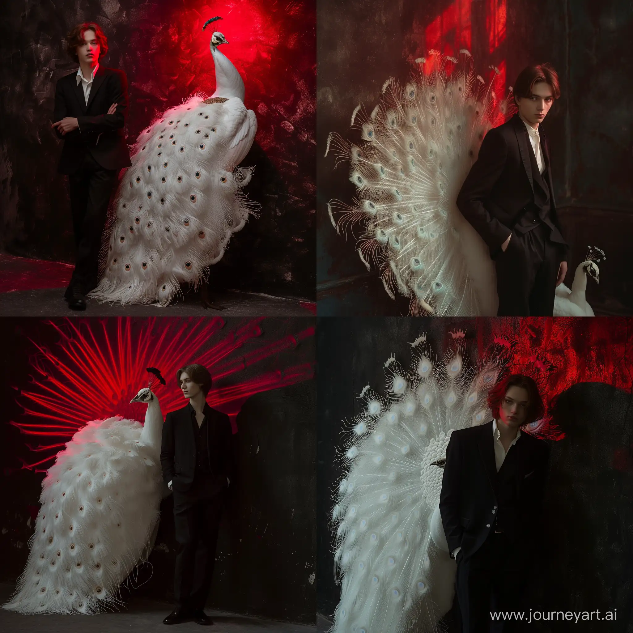 RAW photo slender Russian 19-year-old brown-haired guy in a black suit next to a large white peacock against a dark wall in the studio, red backlight, variations, dynamic angles and poses, fashion photography, fashion week, imperfect skin