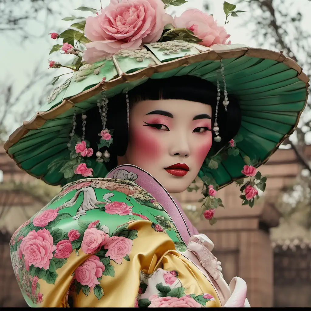 Elegant Vintage Asian Lady with Pink Hair and Chinoiserie Headdress Holding a Vintage Floral Vase of Roses
