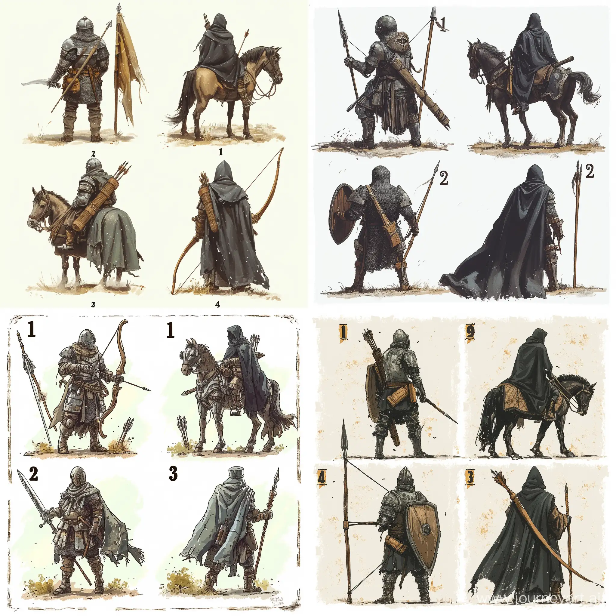 
4 small military squads for a board game. 1 - ordinary infantry in armor and with a sword in their hand. 2 - the archer. A guy with a wooden bow and arrows in the back. 3 - a rider on a horse, in a black cloak, in armor, with a large sword. 4 - an infantryman with a long spear. Draw everything in the style of hand paint