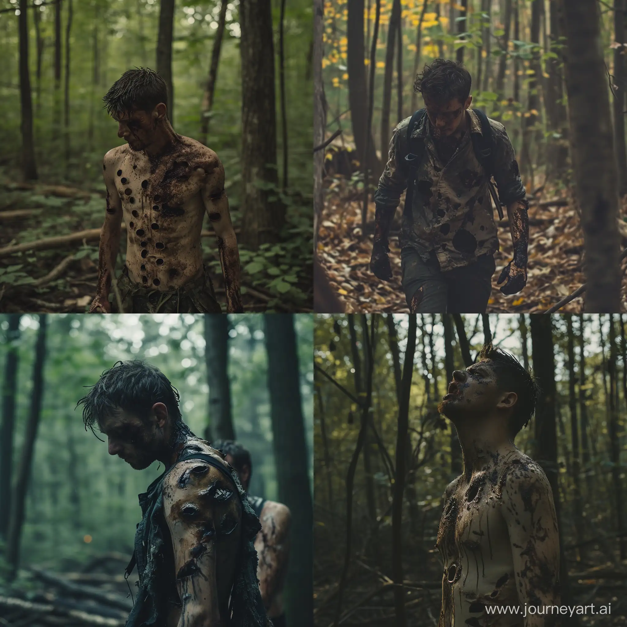 Survivalist-in-the-Woods-with-Multiple-Body-Holes