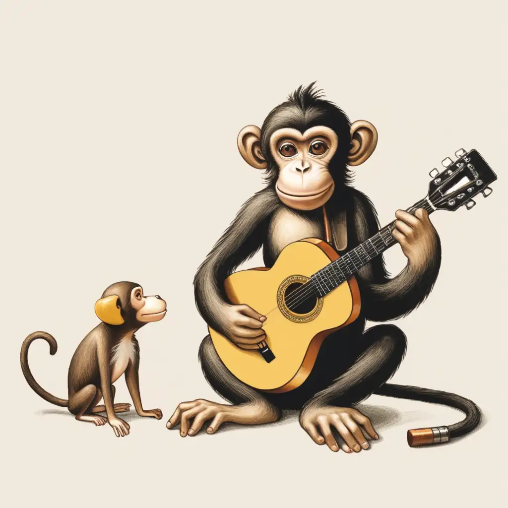 monkey with guitar and dog