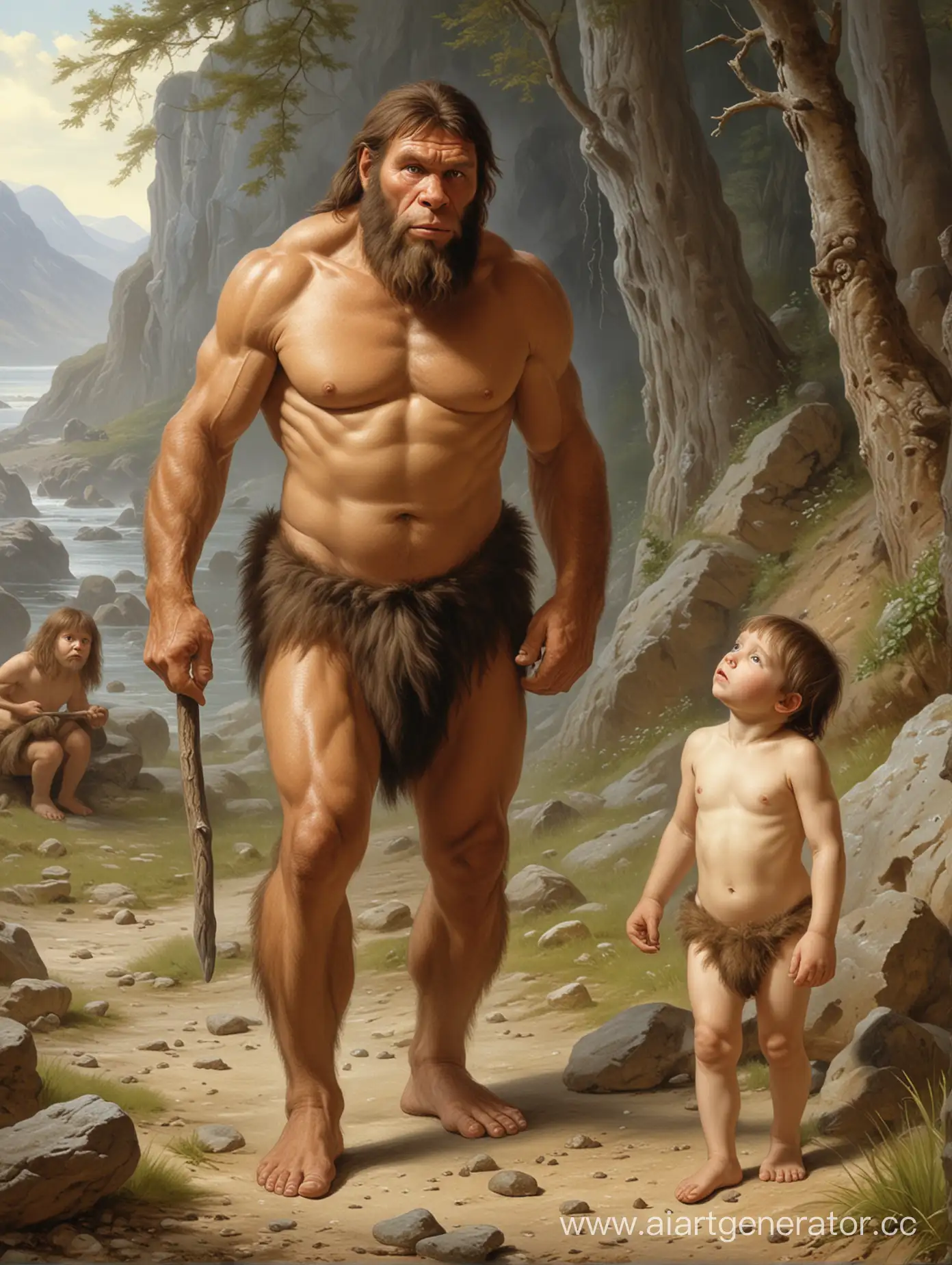 Neanderthal-Father-and-Child-in-Prehistoric-Wilderness