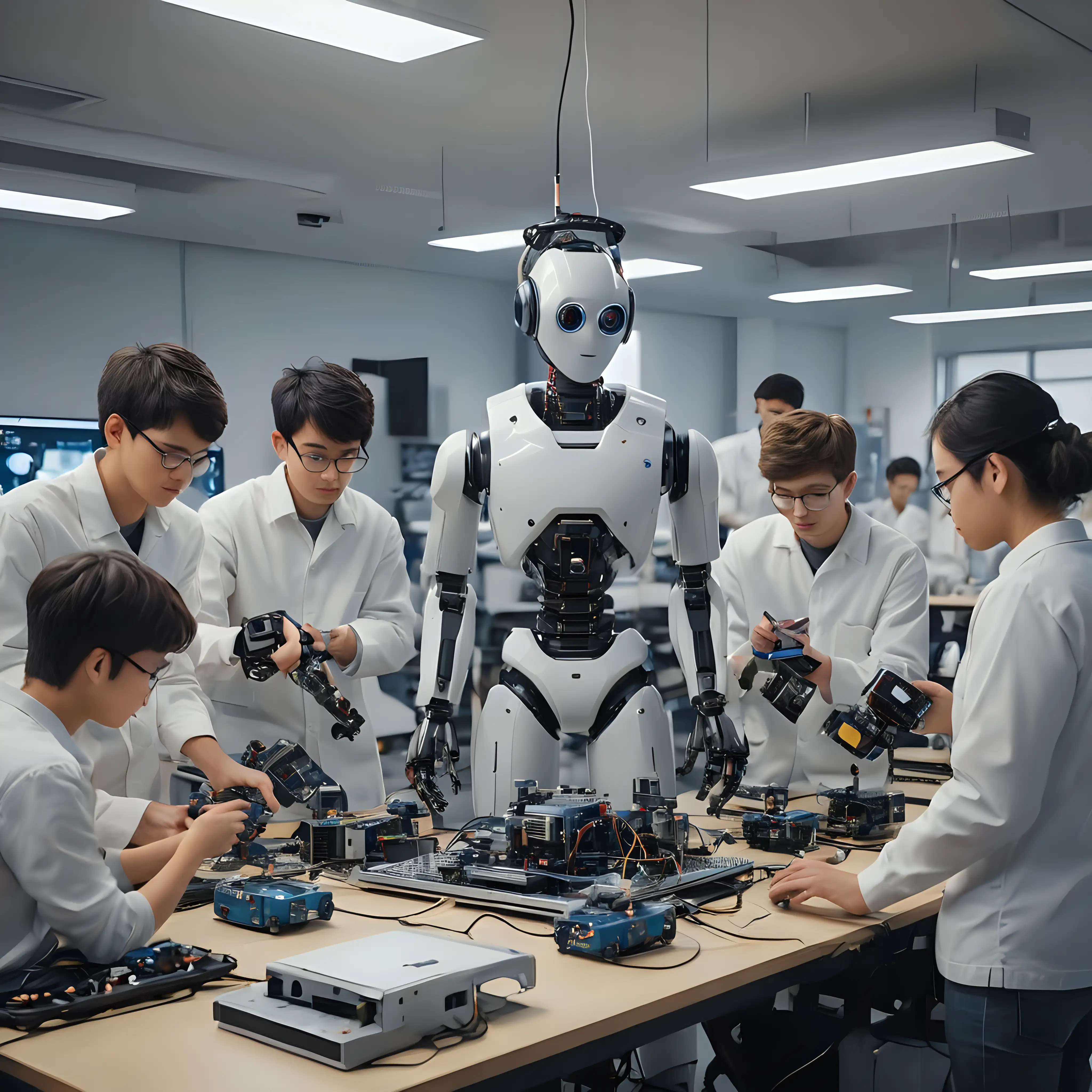 a high-tech lab with students using advanced robotics and AI for building innovative devices, 3D
