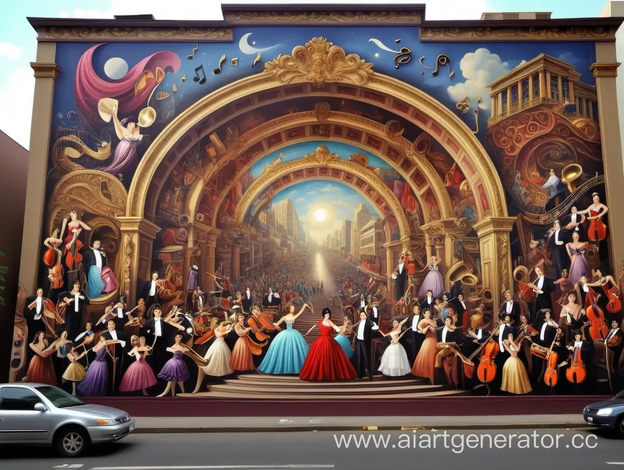 OPERA  AND MUSIC MURAL CONTAINS ALOT OF DIFFRENT ITEMS SOME OF THEM SMALL AND SAME OF THEM BIG AND Attracts the eye