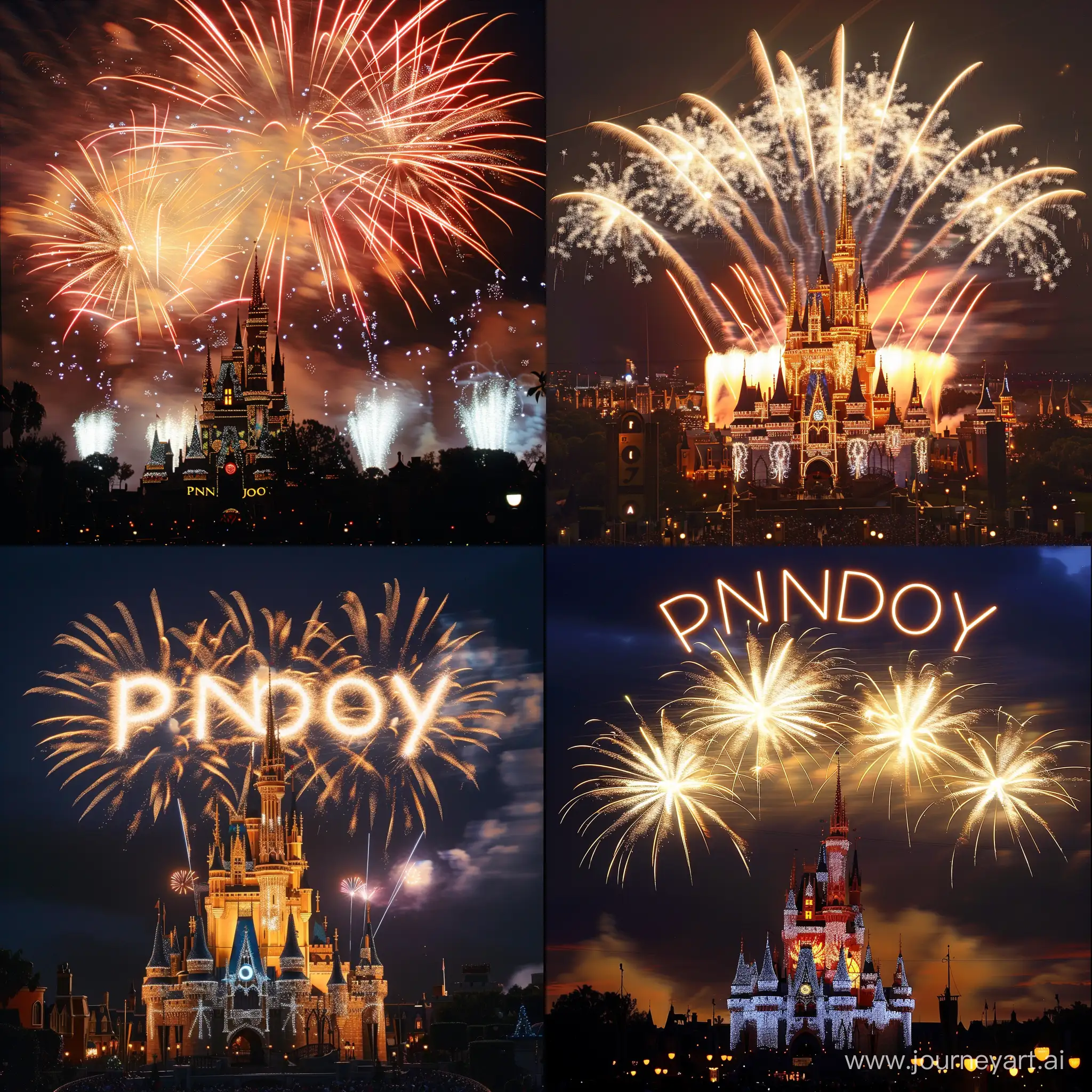 迪士尼城堡上空的烟花，形成了Pinjoy的字母形状