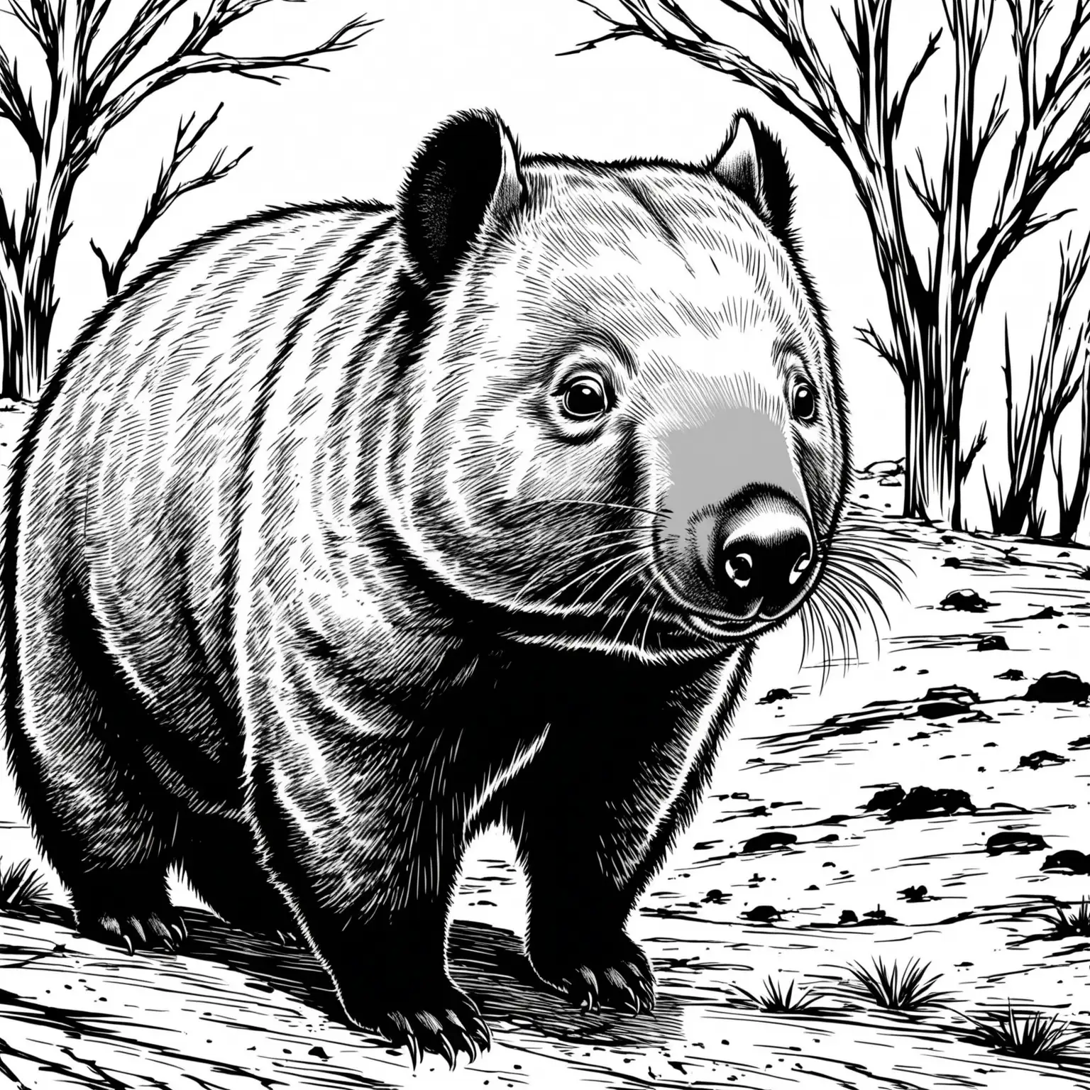 simple black and white drawing of a wombat up close in the Australian outback