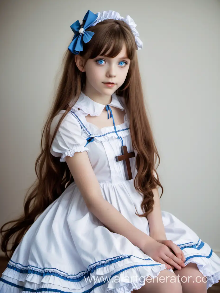 Sweet girl with long chestnut hair and blue eyes, in a white knee-length Lolita-style dress with a cross around her neck.