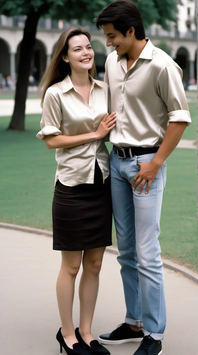 vue dynamique de face, a couple proposes in park, a couplese demande en mariage. The woman is Carole Bouquet visage jeune cheveux longs, regarde amoureusement et sourire radieux, beige satin stretch soyeux shirt blouse manches mi longues et mini jupe crayon noir et escarpins noir. The Andean man is a 18-year-old with a slightly rounded face, dark brown eyes, short styled hair, dressed tshirt blanc et jeans et baskets noir. un genoux à terre