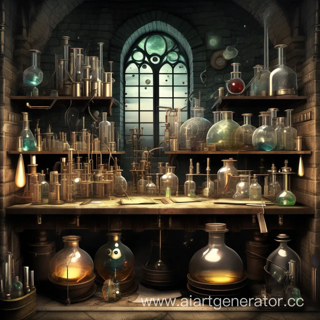 Fantasy-Alchemical-Laboratory-Table-with-Mysterious-Apparatus-and-Potions