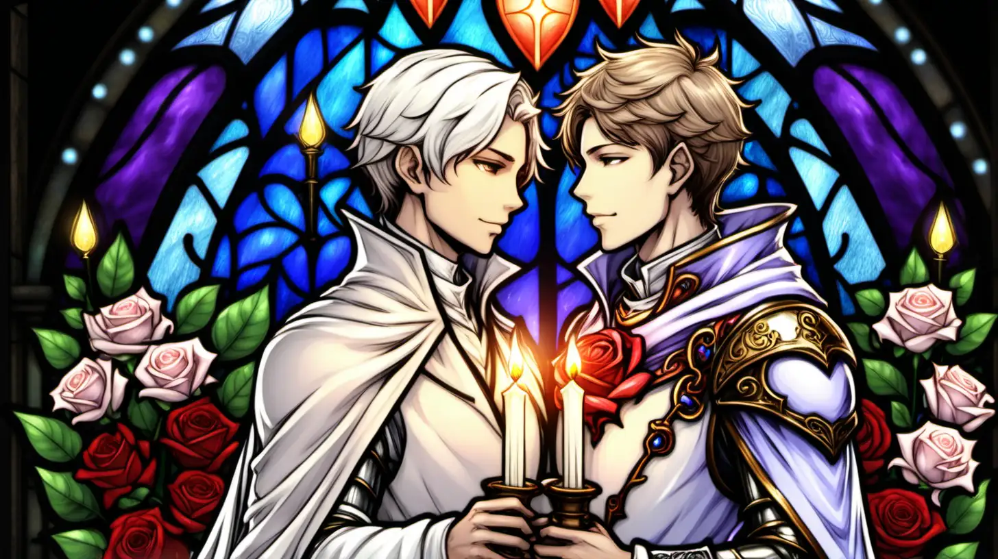 Gay wedding a white mage married to a handsome knight short hair stained glass candles roses