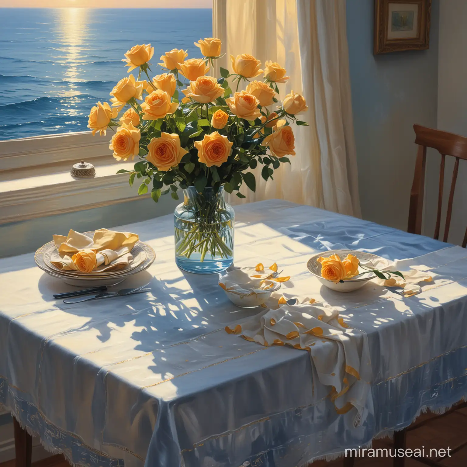 Tranquil Sunset Seascape with Roses in Glass Vase