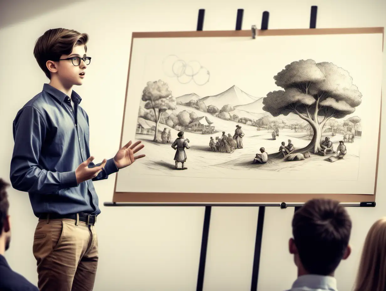 A 25 year old boy presenting a project in front of an audience of people watching him. The style of the picture should be similar to the drawing of a fable that stimulates the imagination