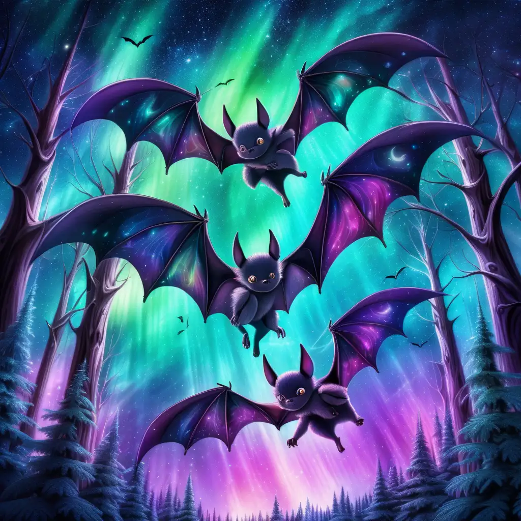 n anime style, in a mystical forest realm , an image of mythical, Bats with wings resembling cosmic nebulae  fur that shimmers in hues of the aurora borealis. Their eyes gleam with a mischievous intelligence.