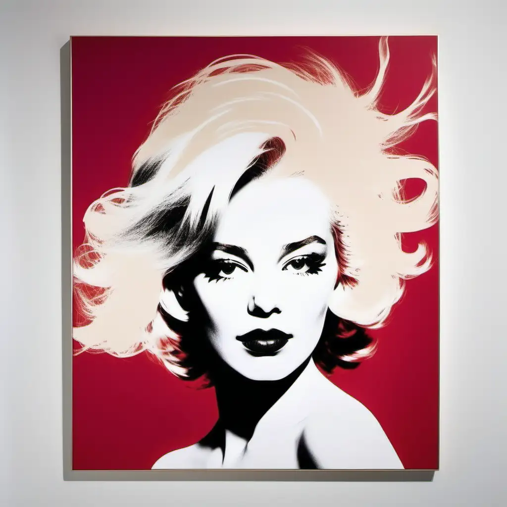 in the style of artist Andy Warhol's Windswept Warhol, create a new painting on canvas that combines the influence of the Gemini astrological sign, include feminine attributes, a female muse, hang the canvas painting on a white wall