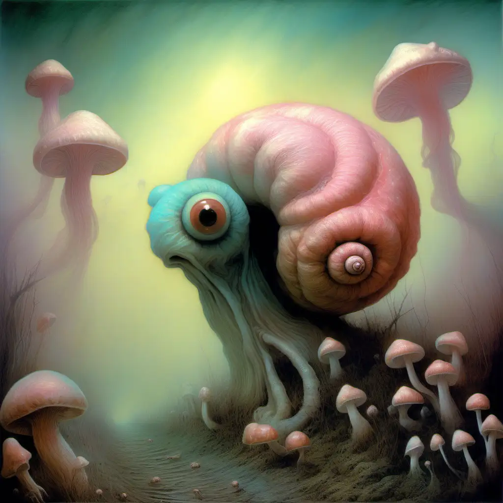 Zdzislaw Beksinski,  cute,  weird , snail, mushrooms, tentacles, furry, cotton candy , blurry, bright eyes, big eyes, pastel colors ,blurry, faded colors, fuzzy.