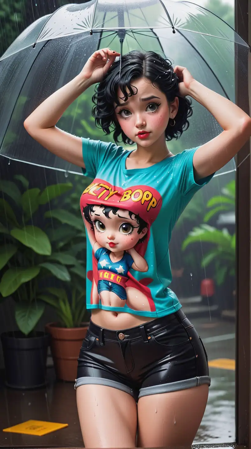 I hate going to work, Betty Boop, A beautiful, seductive, sultry, 18 year old girl, raining, colored t-shirt, shorts, arms over head, full body, hyper realistic,