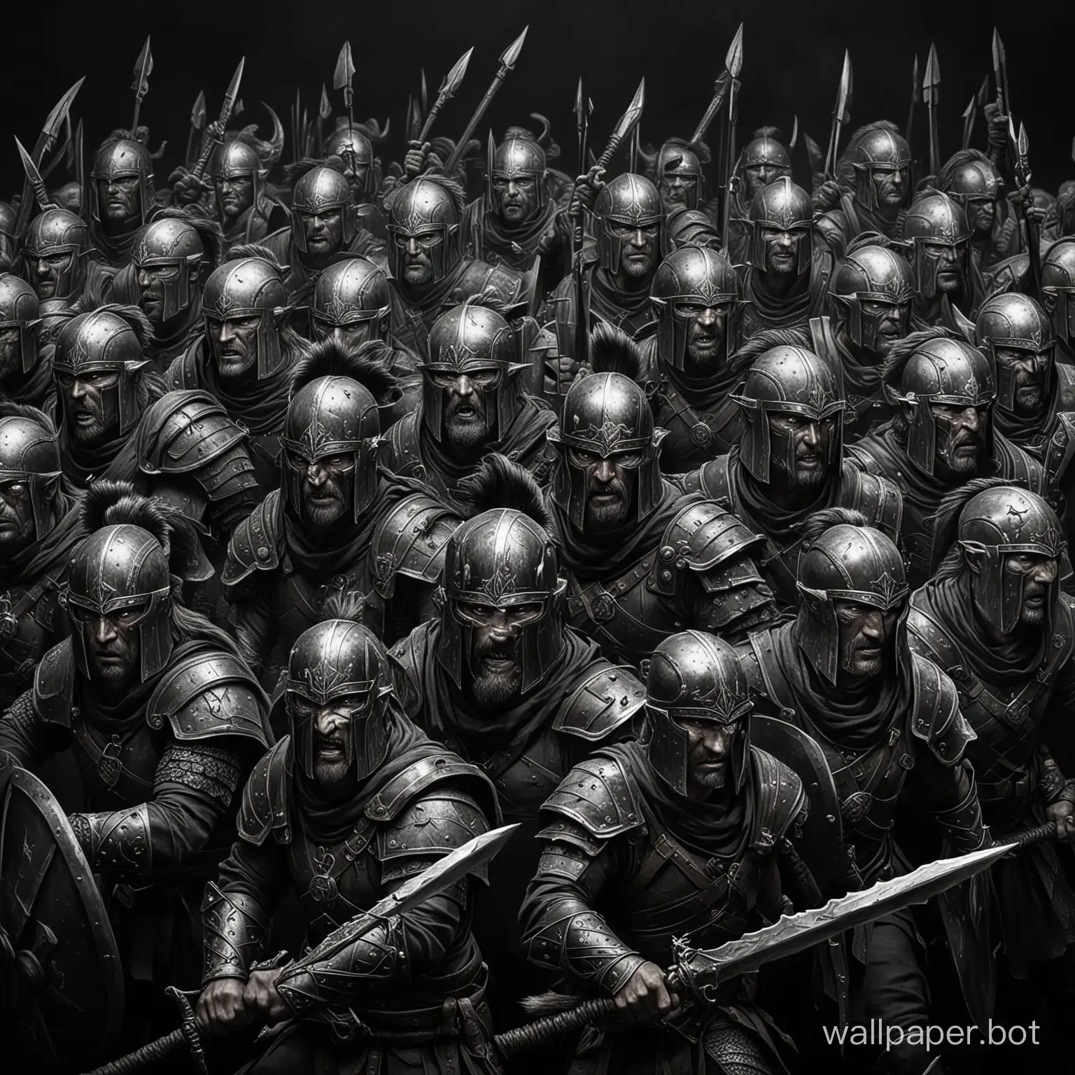 нарисуй армию фэнтези-воинов на черном фоне